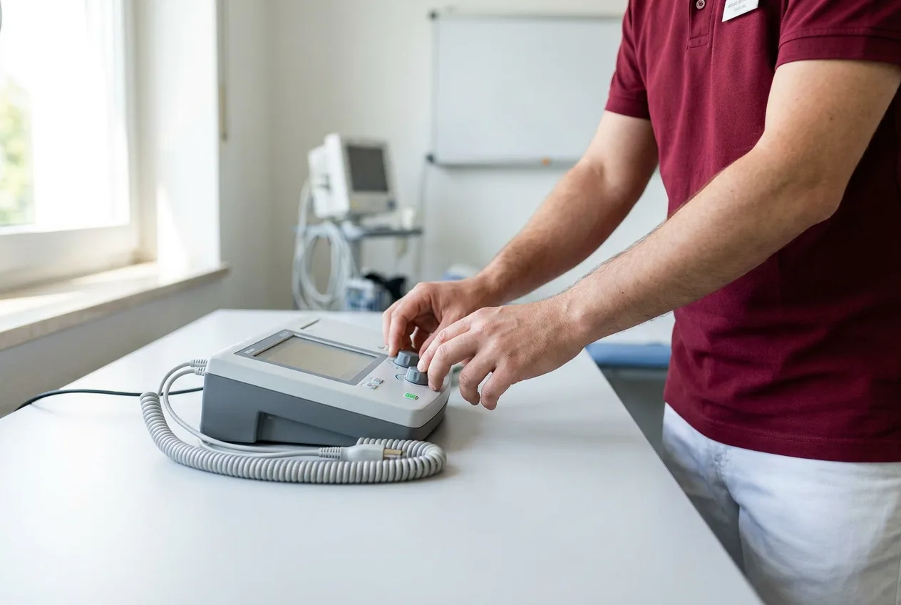 Nahaufnahme: Hände bedienen ein EKG-Gerät auf einem aufgeräumten Arbeitstisch, im Hintergrund weitere Diagnostikgeräte.